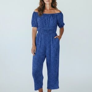 Sincerely Jules Blue Off Shoulder Smocked Puff Sleeve Jumpsuit Boho Chic Resort